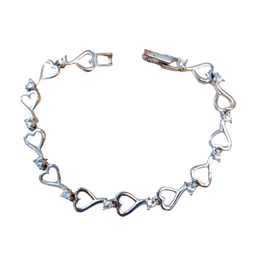 Bracelet Hearts Rhinestones Vintage Avon 7” Silver Toned